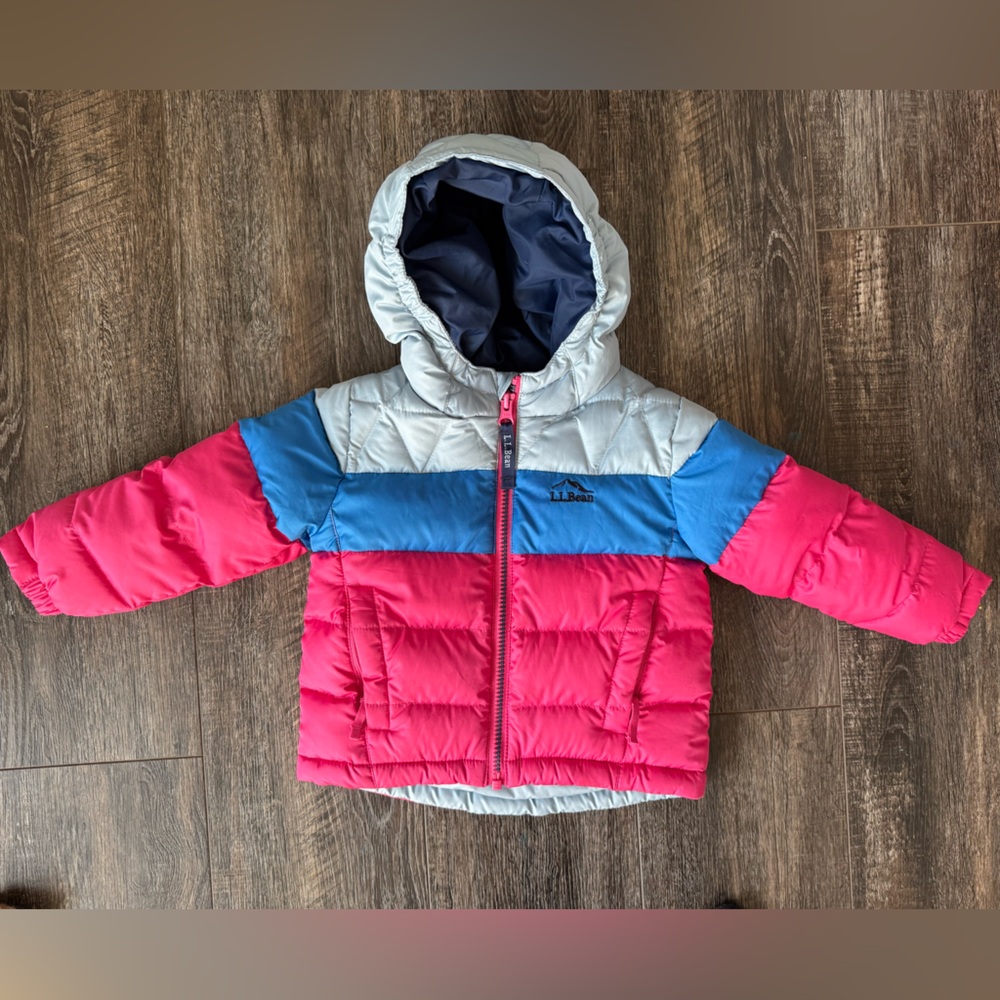 L.L. Bean Toddler 2T Color block Colorful Pink and Blue Puffer Jacket with Hood